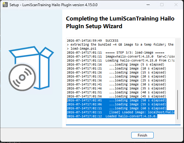 The final page of the Hailo PlugIn setup wizard with the complete installation log and the Finish button