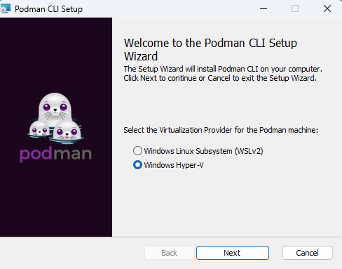The Podman CLI Setup Wizard with Windows Hyper-V selected as the virtualization provider