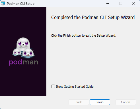 The Podman CLI Setup Wizard reporting that the installation has been completed