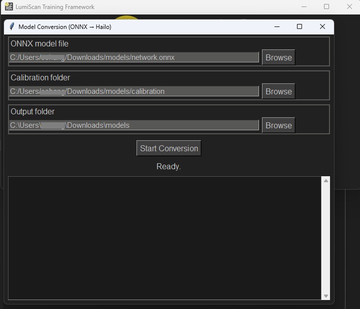 The Model Conversion dialog with the fields ONNX model file, Calibration folder, and Output folder, each with a Browse button, as well as the Start Conversion button and the status Ready