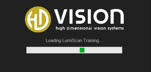 The LumiScan Training splash screen showing the HD Vision Systems logo, the text Loading LumiScan Training, and a progress bar
