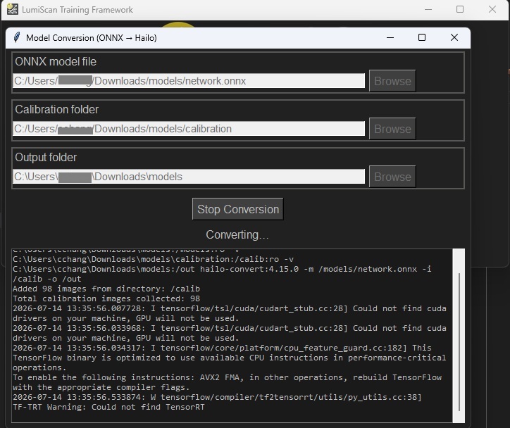 The Model Conversion dialog during conversion, showing the Stop Conversion button, the status Converting, and the log console with container output