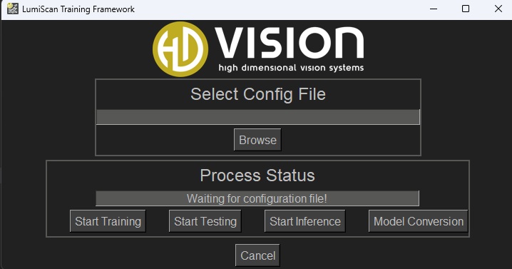 LumiScan Training Framework user interface with options to select a configuration file, start training, testing, and inference, convert a model, and cancel the current process