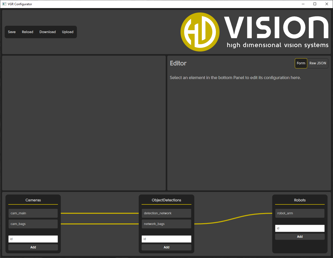 LumiScan VGR Engineering: configuration panel at the top, preview (left) and editor (right) in the middle, graph overview with the Cameras, ObjectDetections and Robots columns at the bottom