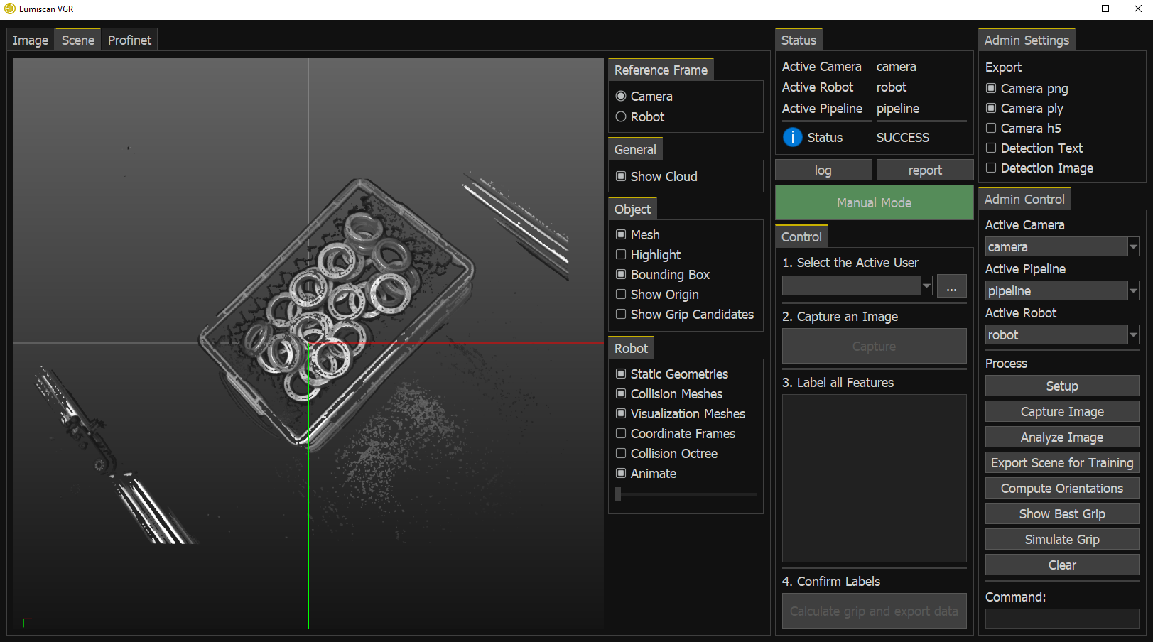 LumiScan VGR user interface showing a captured image, detected objects, status information, and manual and administrative controls