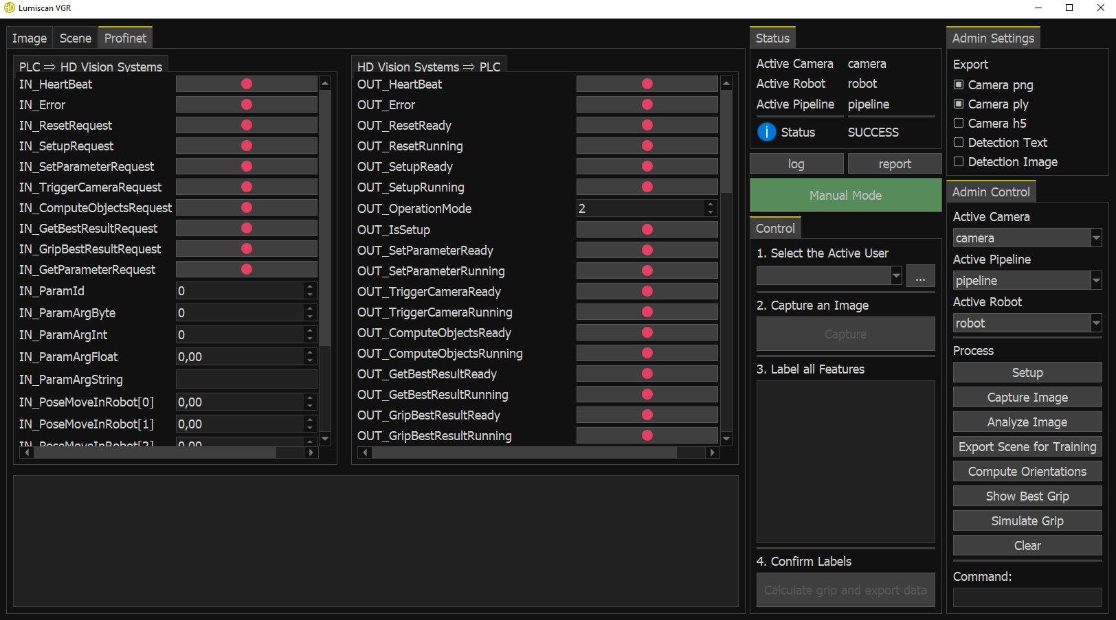LumiScan VGR admin interface showing Scene settings, active device selection, and administrative controls