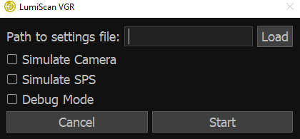 LumiScan VGR Start Menu with a settings file path, options for camera simulation, PLC simulation, and debug mode, and the Cancel and Start buttons