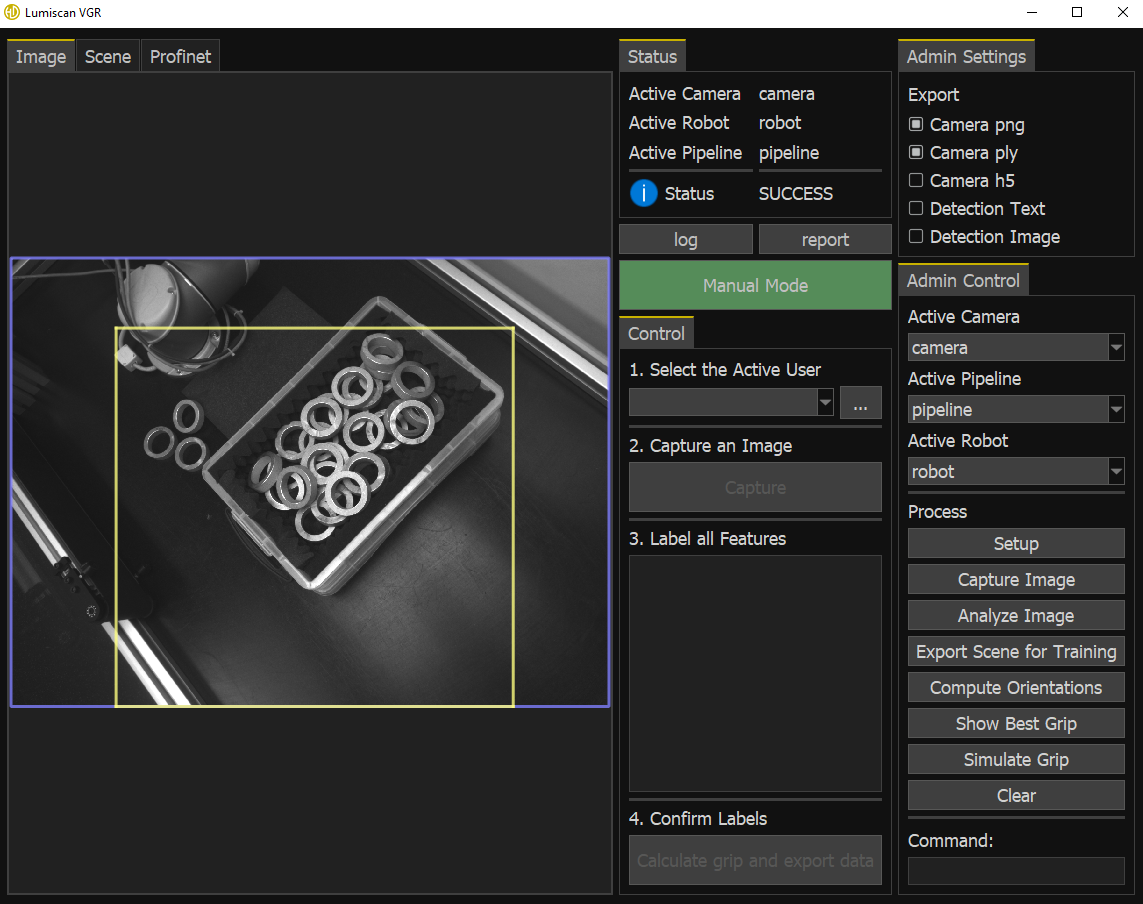 LumiScan VGR user interface in admin mode showing the camera image and additional camera, robot, and processing controls