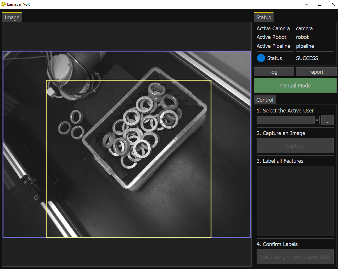 LumiScan VGR manual mode showing a captured image with the manual workflow controls