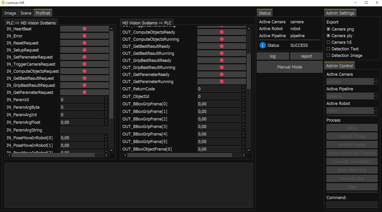 LumiScan VGR PROFINET interface showing PLC data, status information, and return values